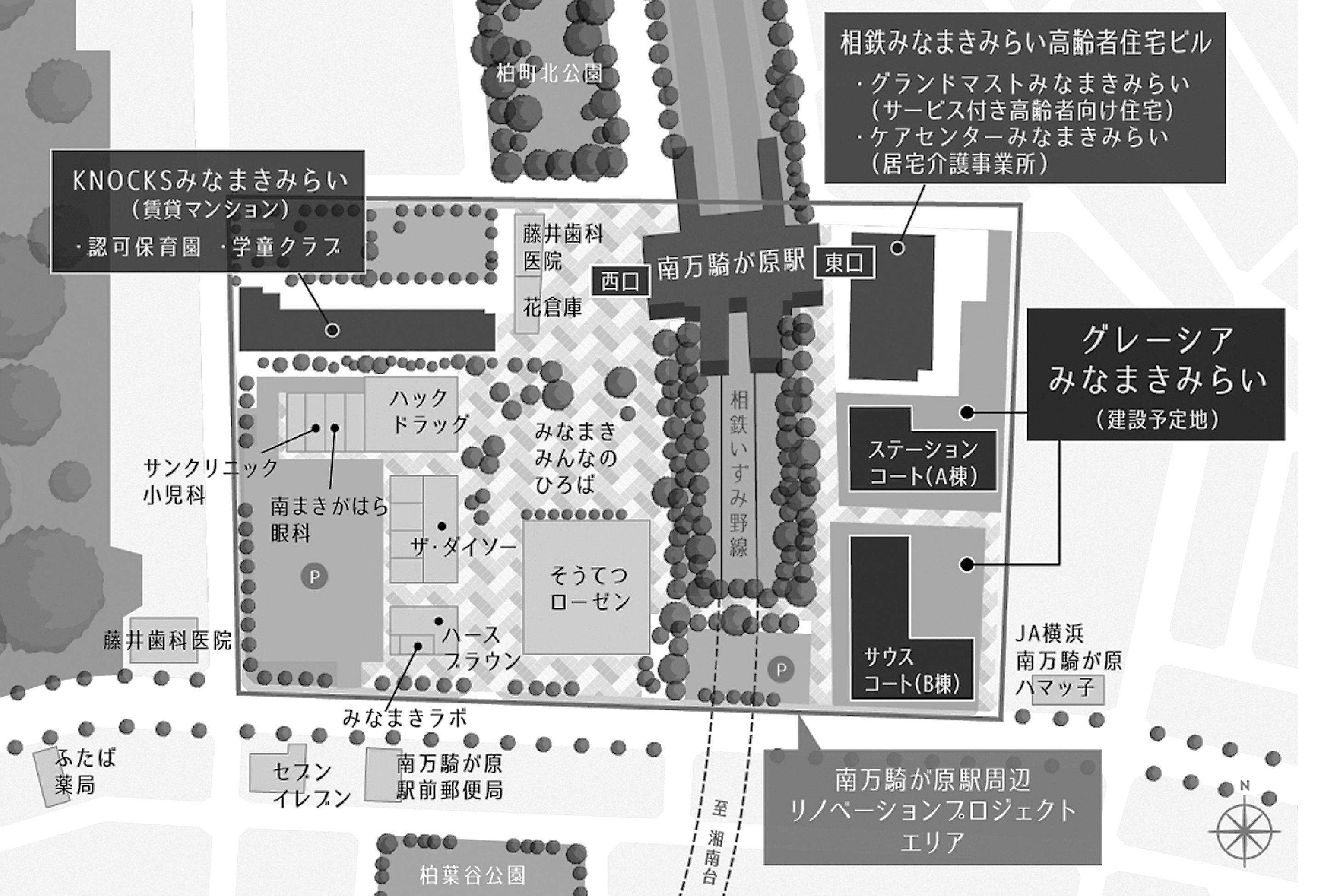 南万騎が原駅周辺の施設配置図