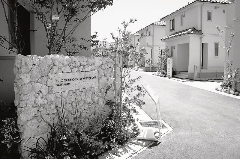 沖縄から取り寄せた琉球石灰岩でつくられた街区入口の壁