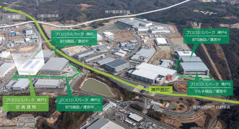 「プロロジスパーク神戸3」が建設される産業団地(空撮に建物等を合成)。プロロジスは団地内に5棟開発