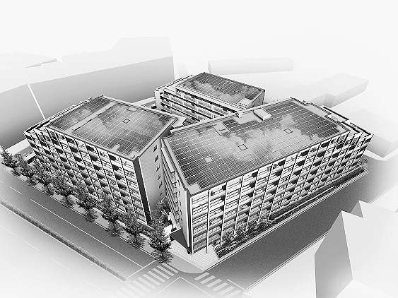3棟構成の建物外観。屋上いっぱいに470枚のソーラーパネルが敷き詰められる