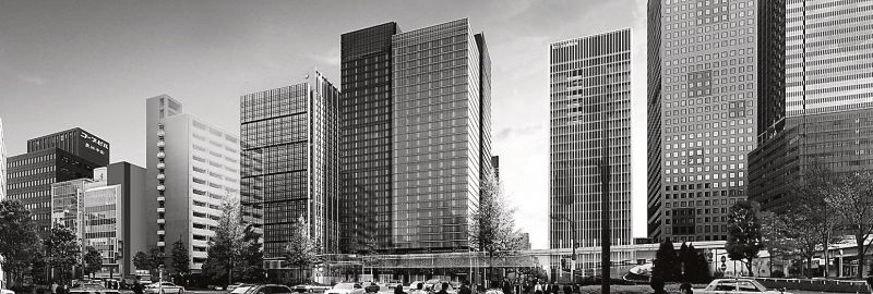 北側から見た事務所棟(中央)の完成予想図。宿泊棟はその後ろに建設される