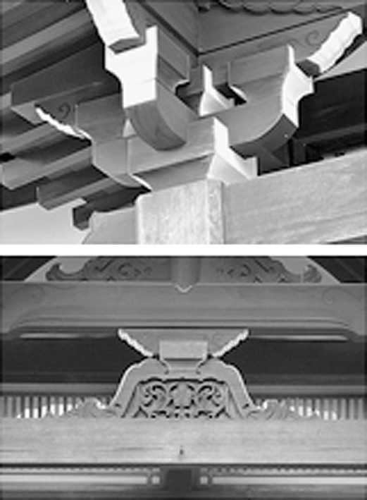 斗ぎょう(上)と蟇股(下)