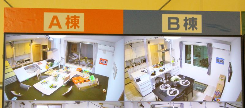 実験モニター。一般仕様（Ａ棟）では屋内に浸水。耐水害仕様（Ｂ棟）では被害は見られない
