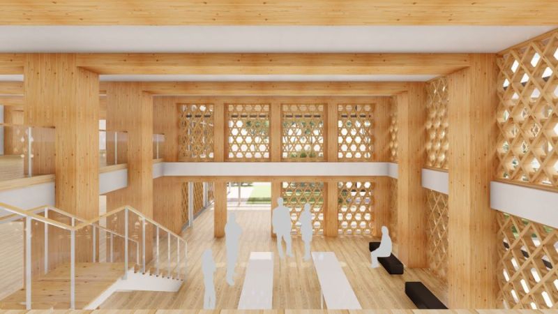 建物内のイメージ。格子組子の耐力壁など木の現しを採用して木造のよさを訴求する
