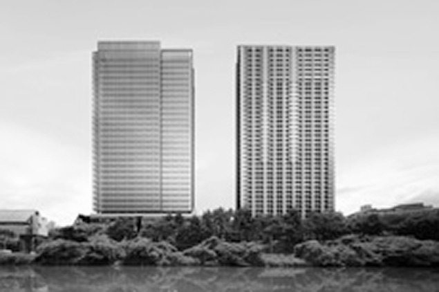 外濠側から見た建物外観。左が商業・オフィス棟、右がマンション
