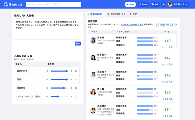 最適なスキルを持つ人材を抽出する新機能を実装 Beatrust