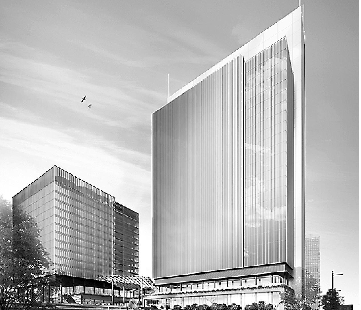 完成イメージ図。28階と15階建て高層ビルを整備