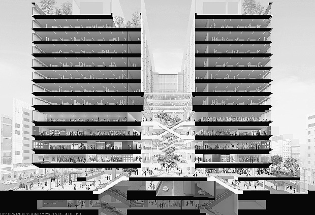 16年11月に完成予定の施設の断面図。建物中央には、交詢社通りと、みゆき通りをつなぐ24時間開放の車歩分離通路を整備する