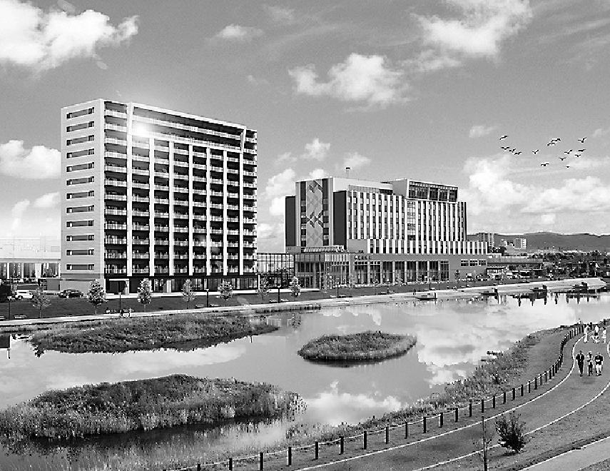 「デュオサンテ旭川北彩都」完成予想パース、右の建物は病院