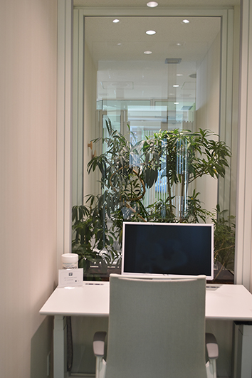 デスク正面には植栽