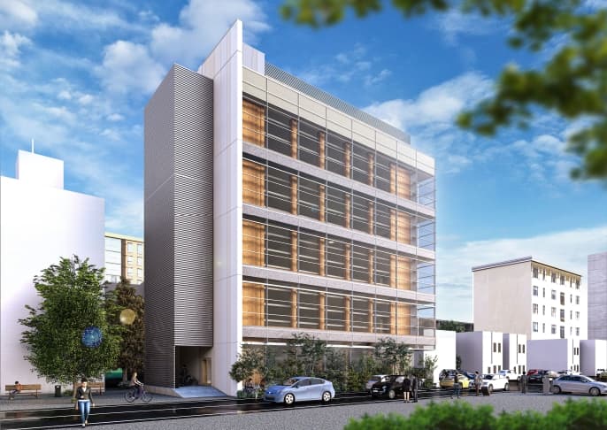 近藤建設、大宮に木と鉄骨の5階建てビル ファサードにCLT現し 木質感アピールと耐力を両立