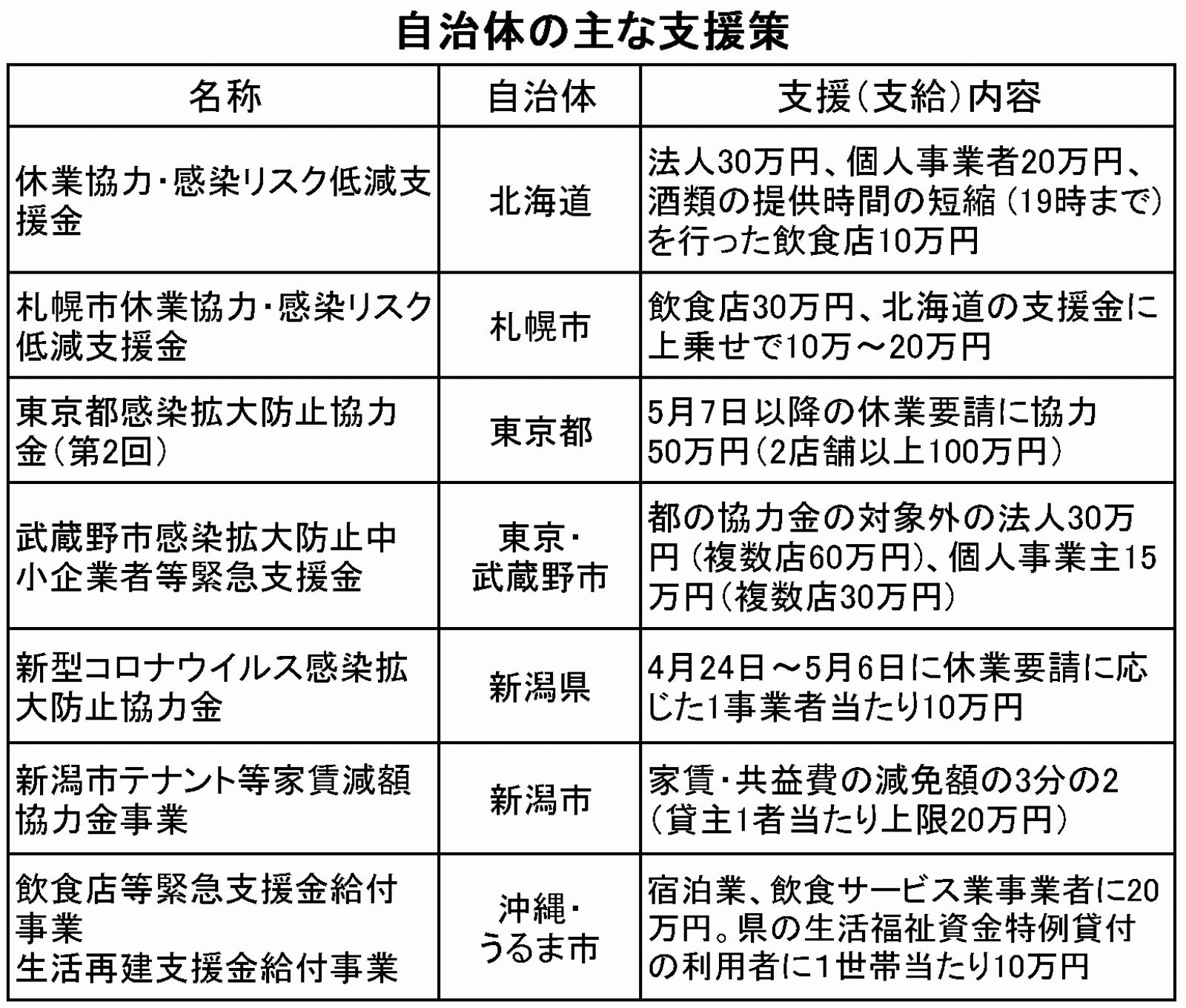 自治体の主な支援(給付)